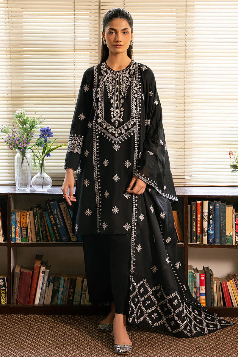 CROSS STITCH- 3PC DHANAK EMBROIDERED SHIRT DHANAK EMBROIDERED DUPATTA AND TROUSER-TANA-1642-BLACK