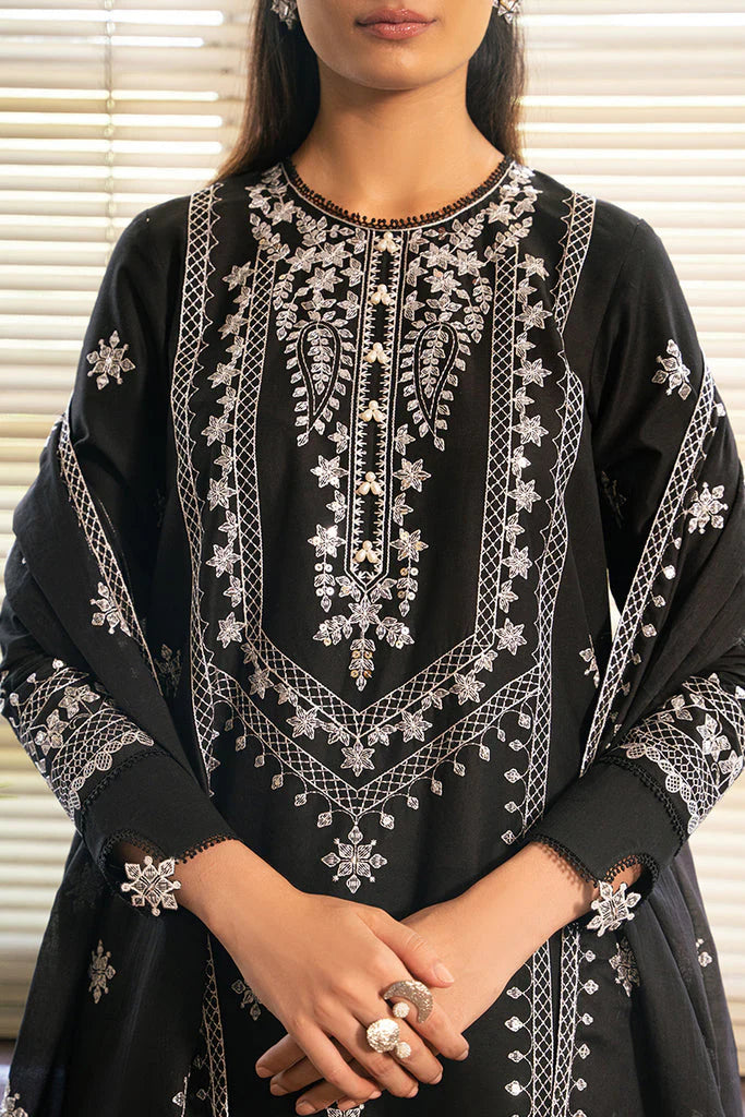 CROSS STITCH- 3PC DHANAK EMBROIDERED SHIRT DHANAK EMBROIDERED DUPATTA AND TROUSER-TANA-1642-BLACK