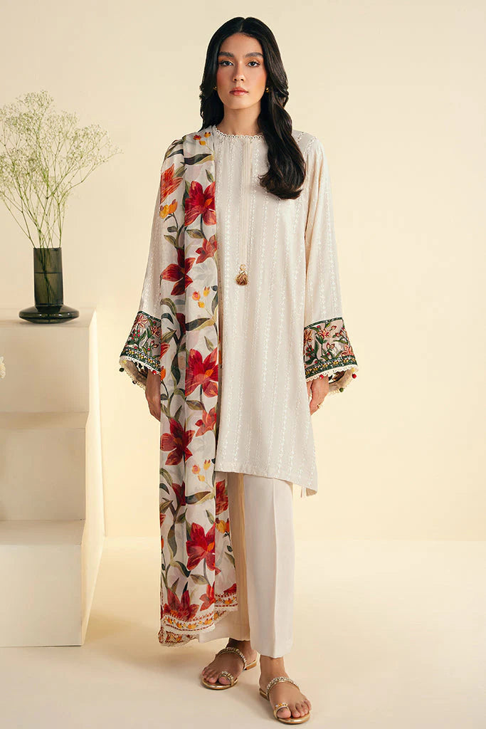 JAZMIN-3PC DHANAK EMBROIDRED SHIRT WITH WOOL PRINT SHAWL AND TROUSER-TANA-1689