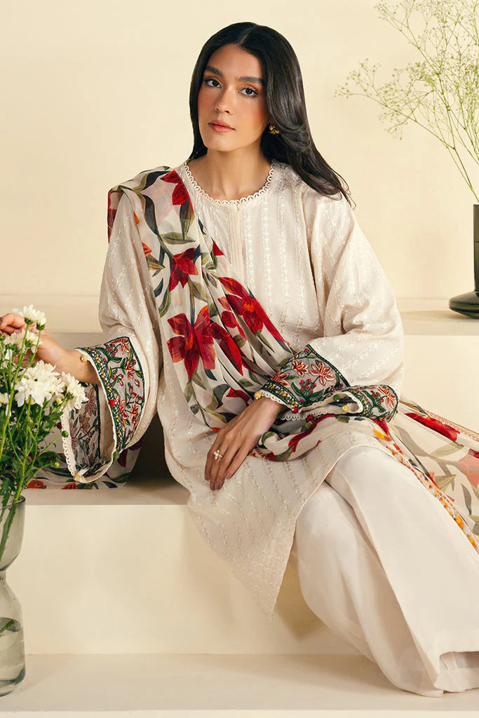 JAZMIN-3PC DHANAK EMBROIDRED SHIRT WITH WOOL PRINT SHAWL AND TROUSER-TANA-1689