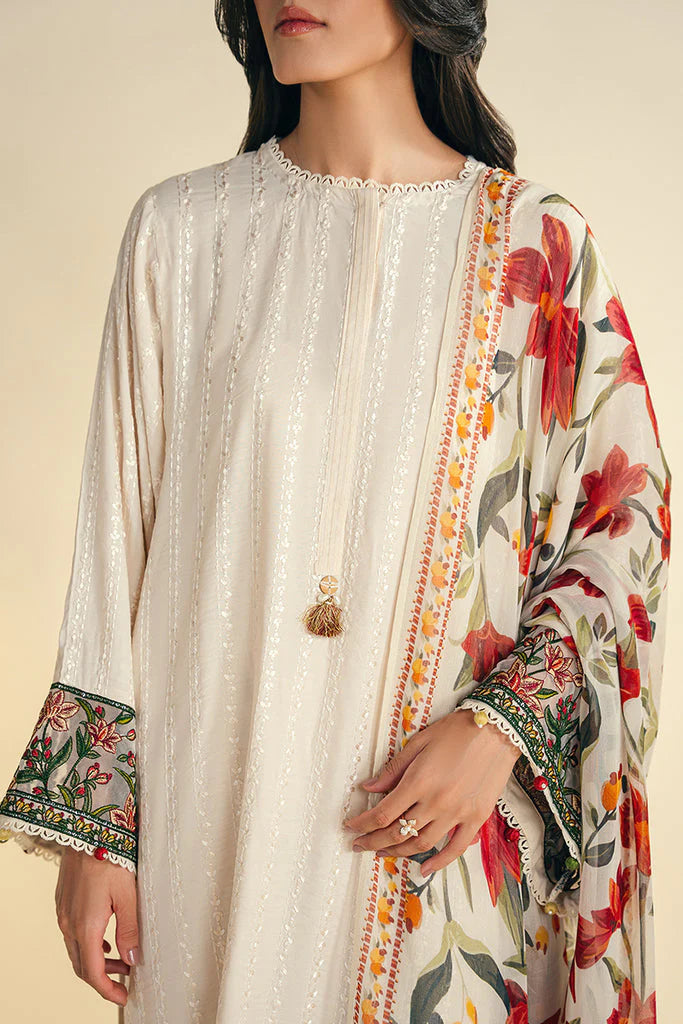 JAZMIN-3PC DHANAK EMBROIDRED SHIRT WITH WOOL PRINT SHAWL AND TROUSER-TANA-1689