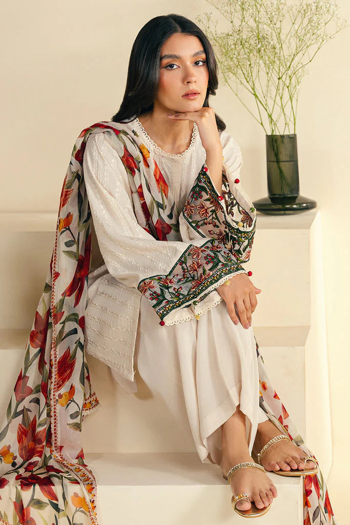 JAZMIN-3PC DHANAK EMBROIDRED SHIRT WITH WOOL PRINT SHAWL AND TROUSER-TANA-1689