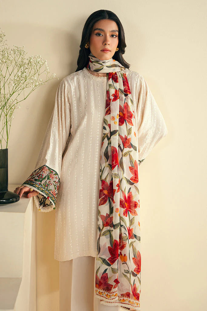 JAZMIN-3PC DHANAK EMBROIDRED SHIRT WITH WOOL PRINT SHAWL AND TROUSER-TANA-1689