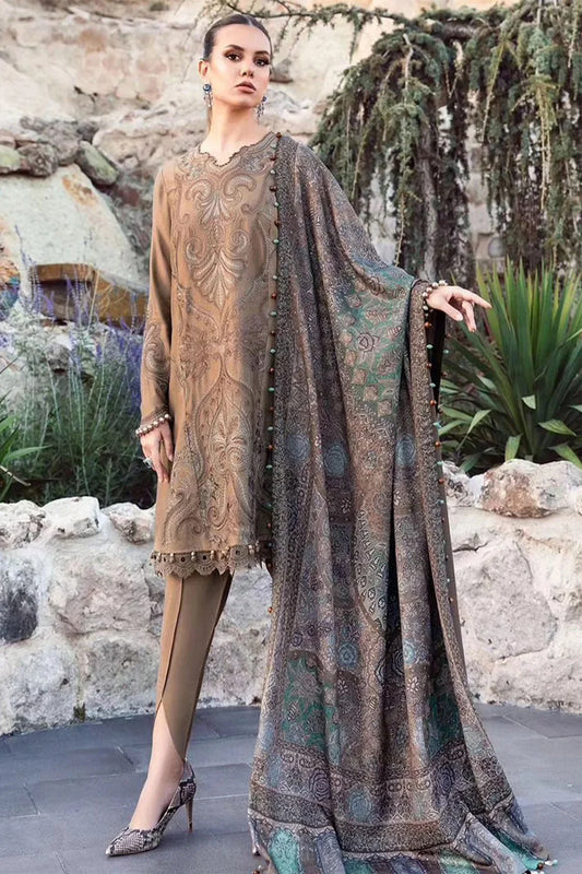 MARIA-B - 3PC DHANAK EMBROIDERED SHIRT WITH COUTURE WOOL PRINT SHAWL AND TROUSER-TANA-1502