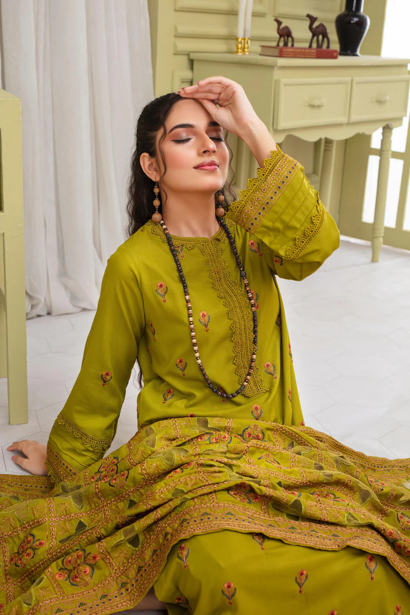 TANA BANA-3PC DHANAK EMBROIDERED SHIRT WITH HEAVY CUTWORK EMBROIDERED DHANAK SHAWL AND TROUSER-TBF-1908