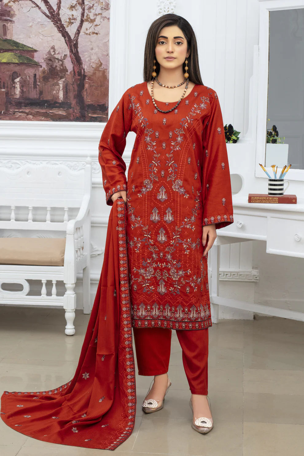 TANA BANA-3PC VISCOUS EMBROIDRED SHIRT WITH VISCOUS SHAWL AND TROUSER-1556