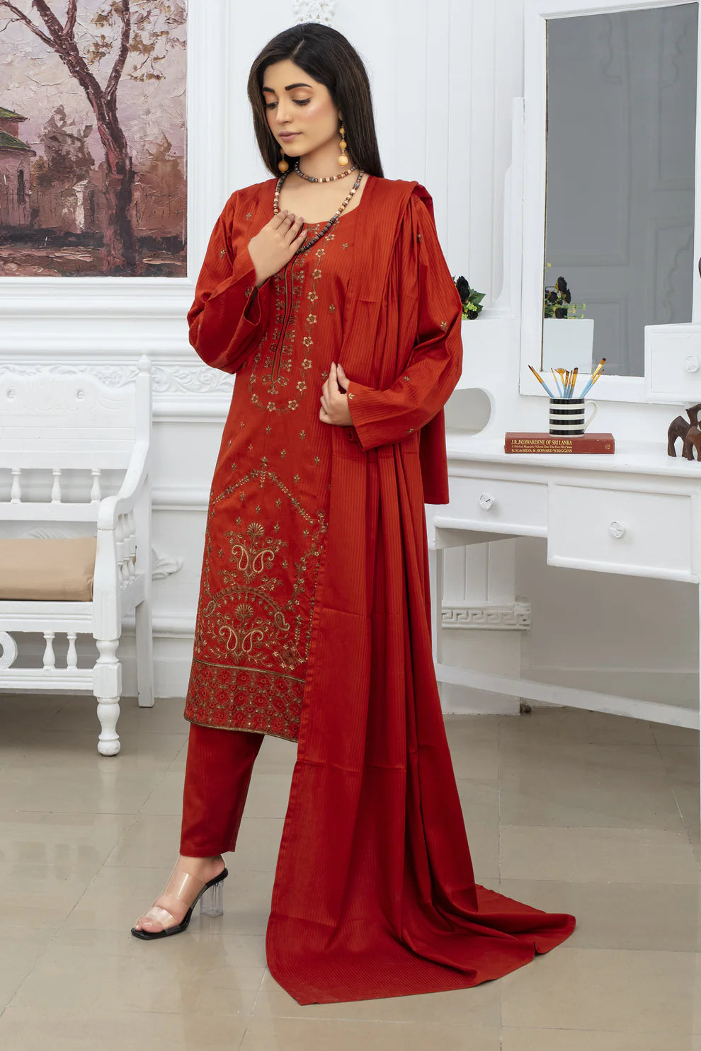 TANA BANA-3PC VISCOUS EMBROIDRED SHIRT WITH VISCOUS SHAWL AND TROUSER-1556