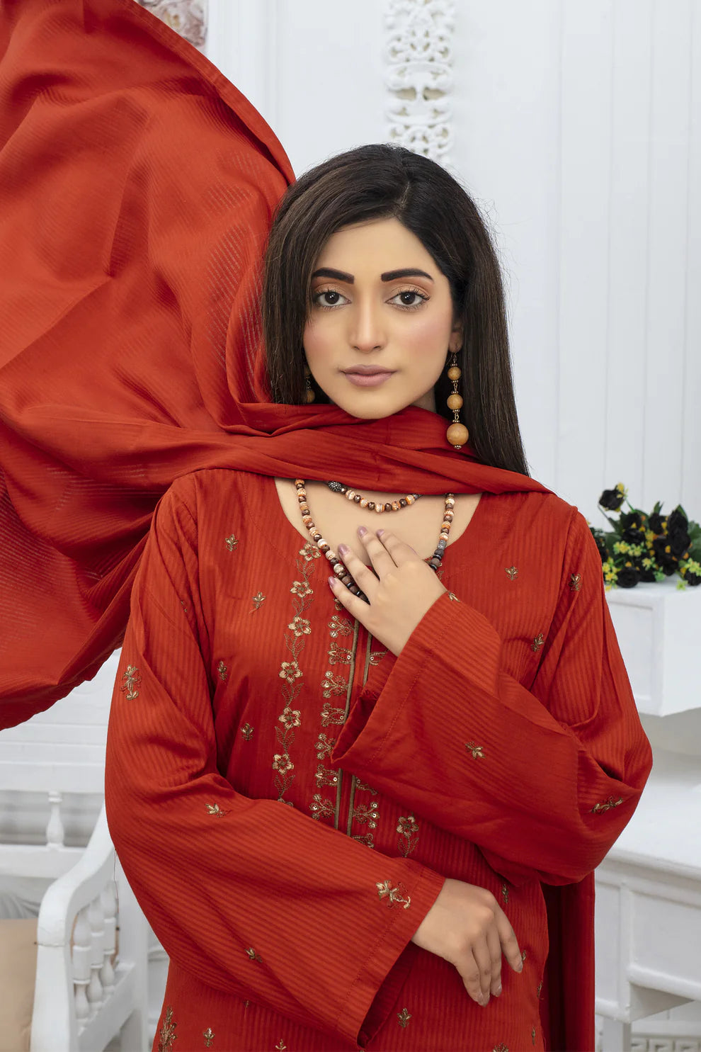 TANA BANA-3PC VISCOUS EMBROIDRED SHIRT WITH VISCOUS SHAWL AND TROUSER-1556