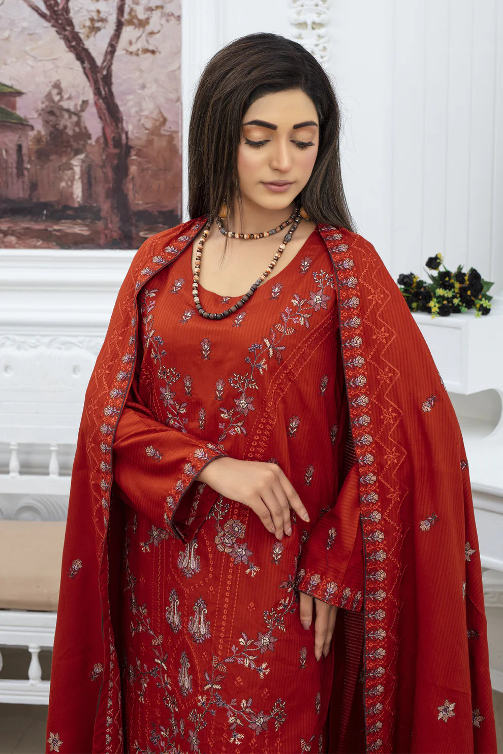 TANA BANA-3PC VISCOUS EMBROIDRED SHIRT WITH VISCOUS SHAWL AND TROUSER-1556