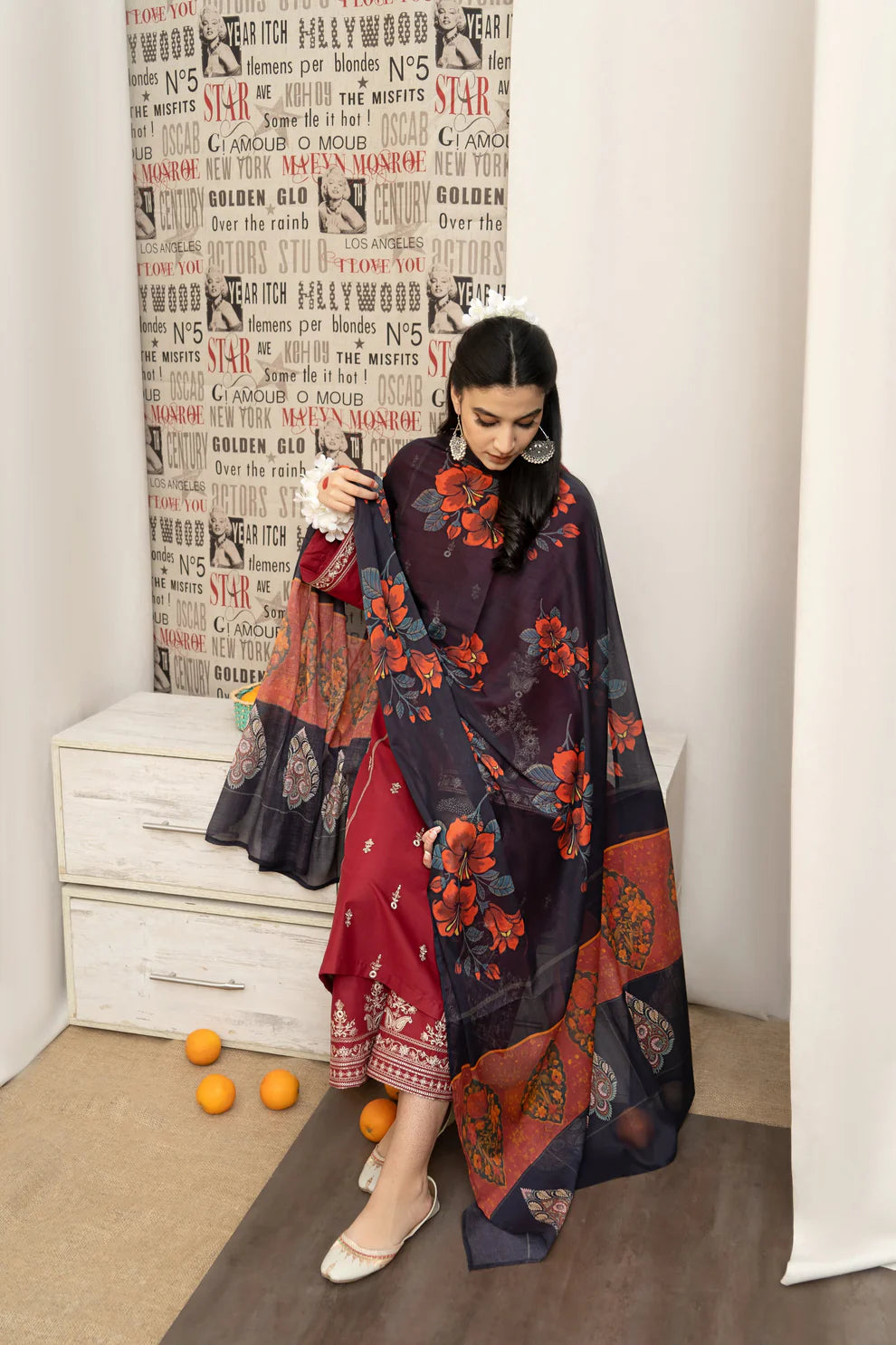 URGE - 3PC DHANAK EMBROIDERED SHIRT WITH COUTURE PRINTED SHAWL AND EMB TROUSER-TANA-1505