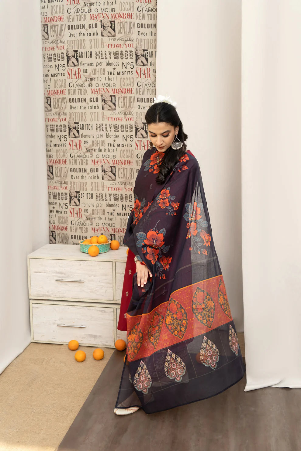 URGE - 3PC DHANAK EMBROIDERED SHIRT WITH COUTURE PRINTED SHAWL AND EMB TROUSER-TANA-1505