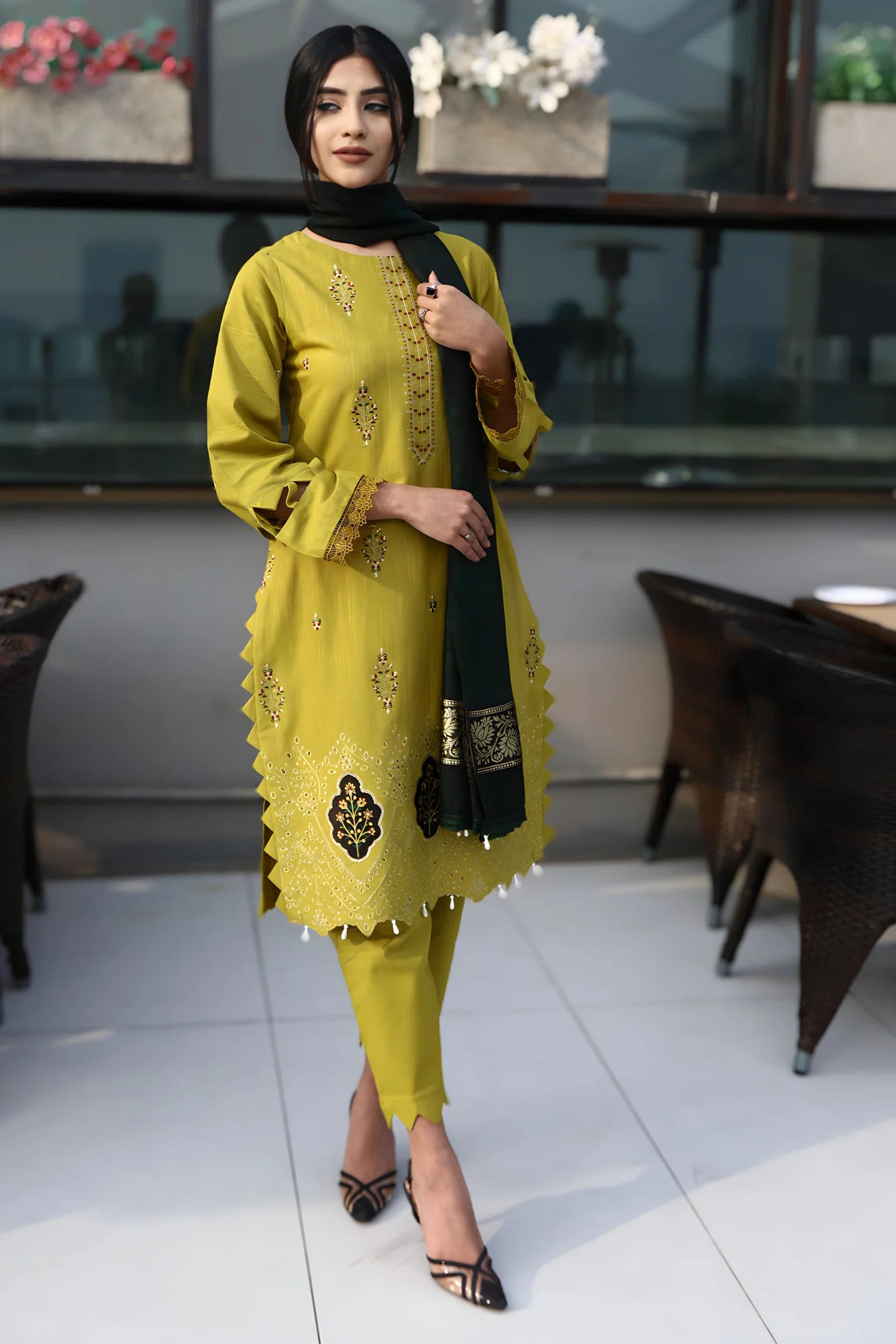 TANA BANA -3PC KHADDAR CUTWORK EMBROIDERED SHIRT WITH KASHMIRI JACQUARD WOOL SHAWL-TBF- 1819-M