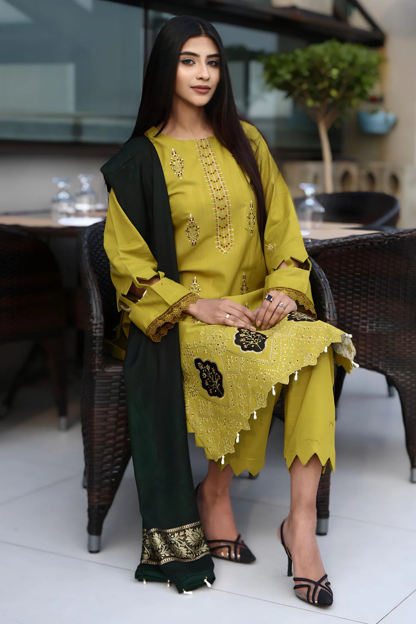 TANA BANA -3PC KHADDAR CUTWORK EMBROIDERED SHIRT WITH KASHMIRI JACQUARD WOOL SHAWL-TBF- 1819-M