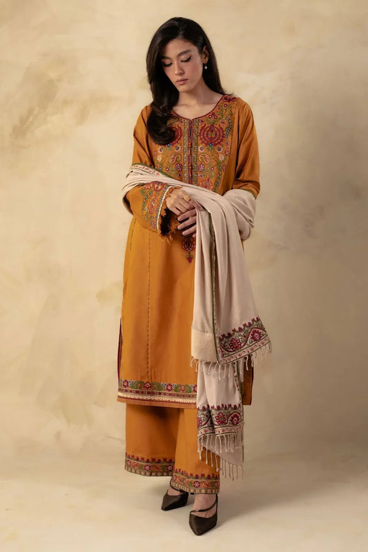 ZARA SHAHJAHAN - 3PC DHANAK EMBROIDERED SHIRT WITH DHANAK EMBROIDERED SHAWL AND TROUSER-TANA-1540