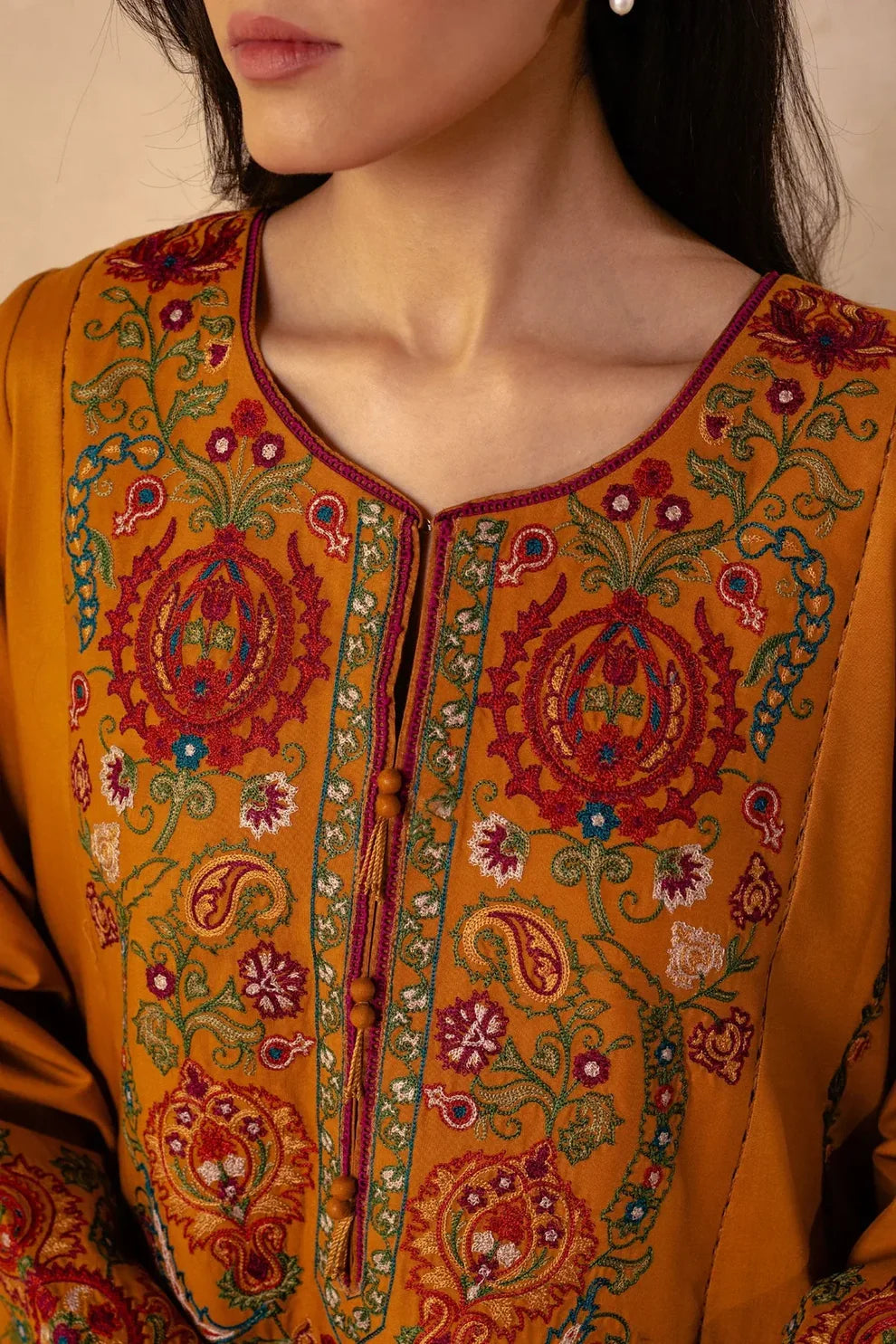 ZARA SHAHJAHAN - 3PC DHANAK EMBROIDERED SHIRT WITH DHANAK EMBROIDERED SHAWL AND TROUSER-TANA-1540