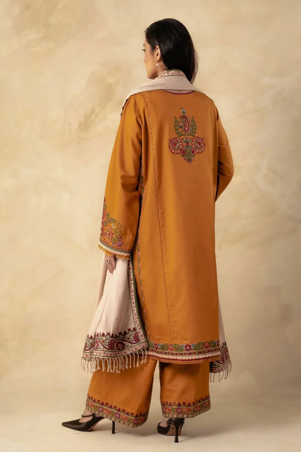 ZARA SHAHJAHAN - 3PC DHANAK EMBROIDERED SHIRT WITH DHANAK EMBROIDERED SHAWL AND TROUSER-TANA-1540