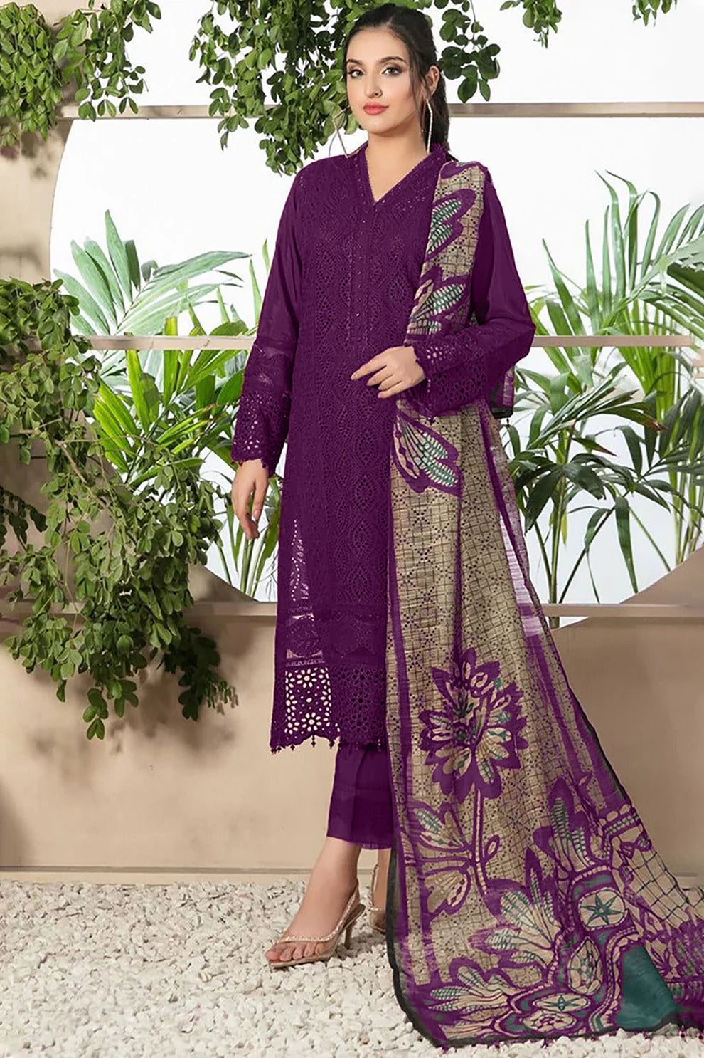 ZAINAB CHOTANI - 3PC CHIKENKARI LAWN EMBROIDERED WITH COTTON SILK PRINT DUPATTA -TANA-5201- PLUM