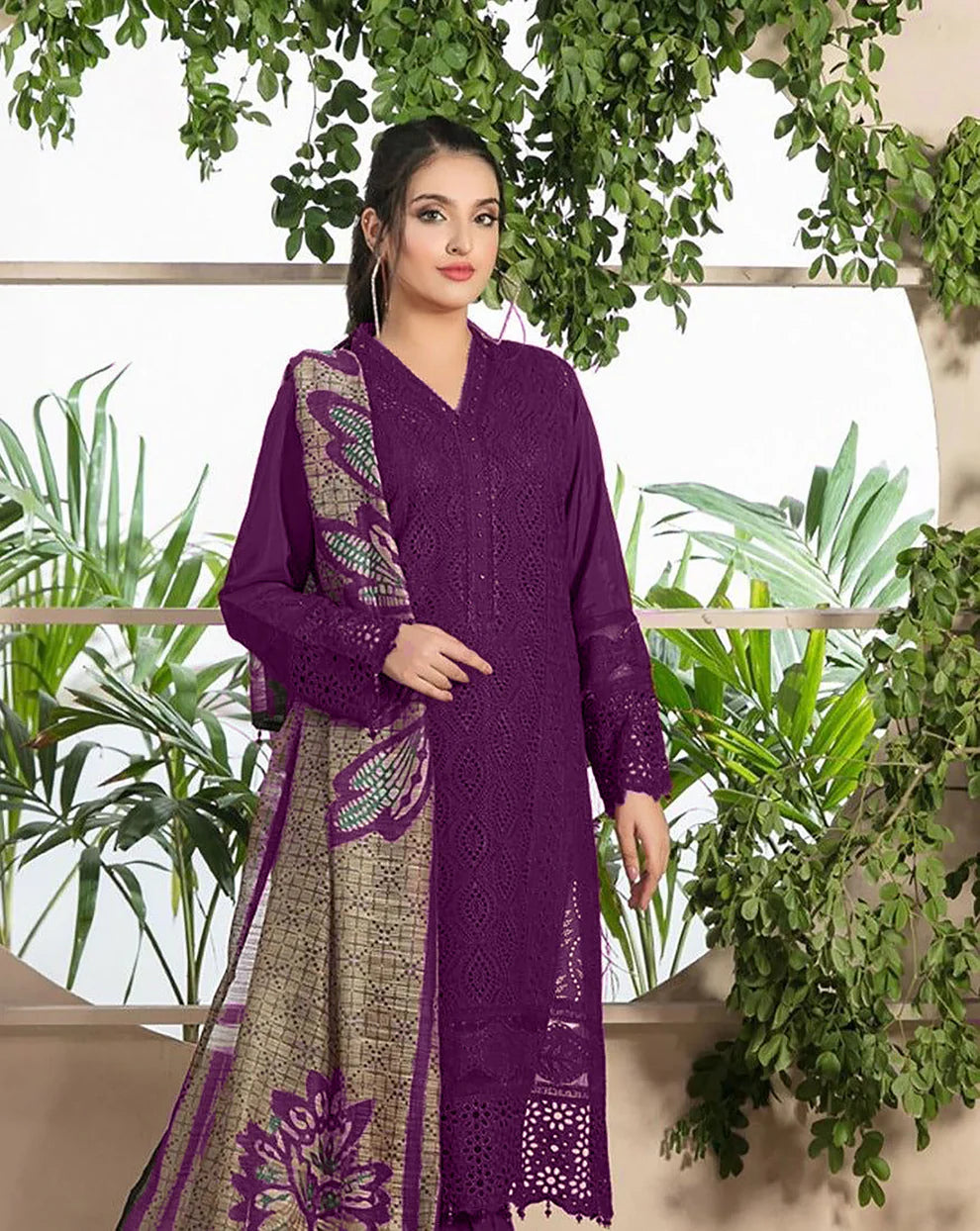 ZAINAB CHOTANI - 3PC CHIKENKARI LAWN EMBROIDERED WITH COTTON SILK PRINT DUPATTA -TANA-5201- PLUM