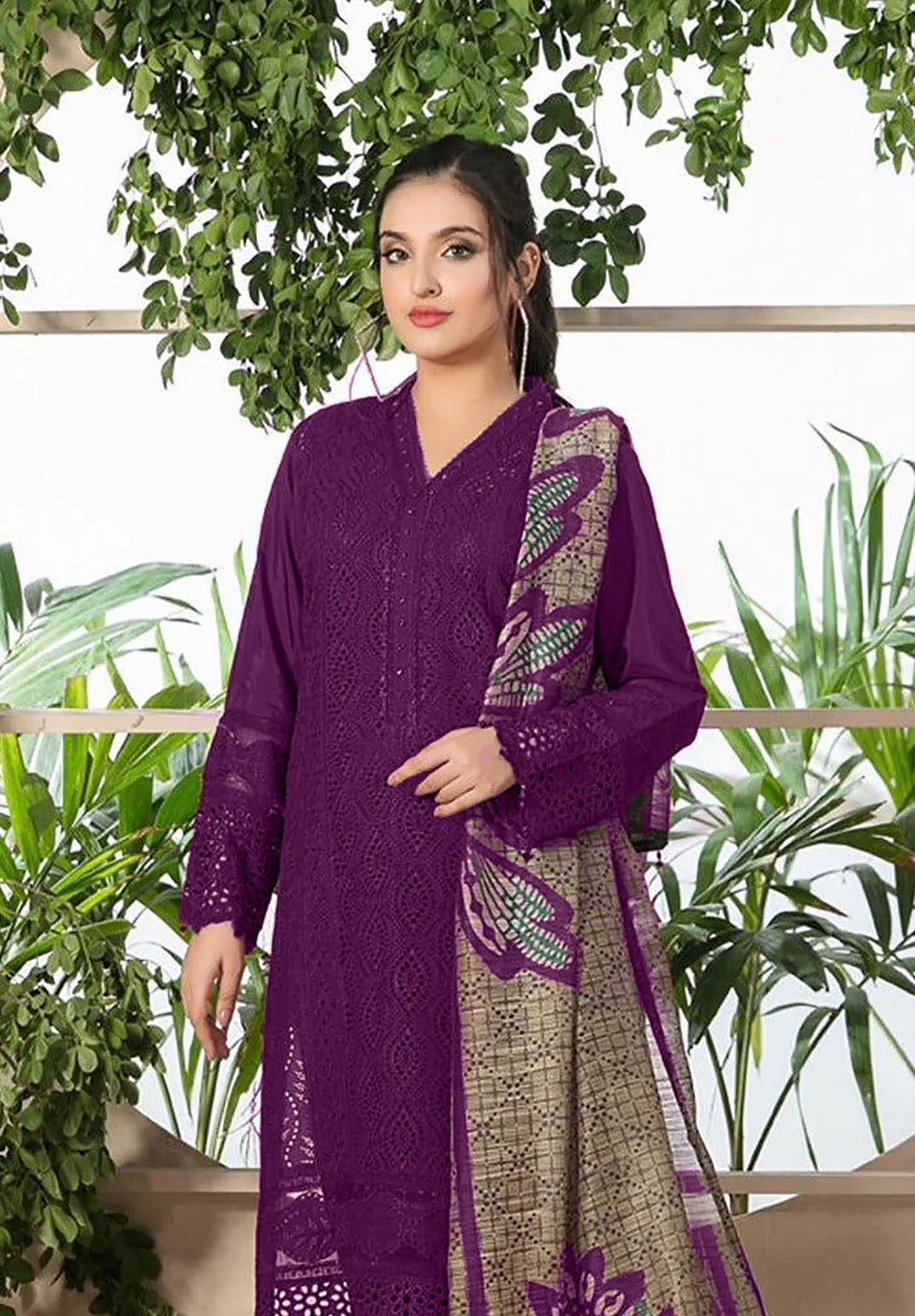 ZAINAB CHOTANI - 3PC CHIKENKARI LAWN EMBROIDERED WITH COTTON SILK PRINT DUPATTA -TANA-5201- PLUM