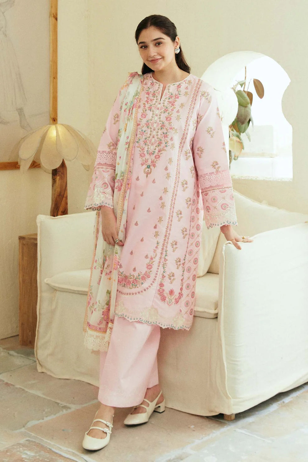 ZAHRA SHAHJAHAN- 3PC LAWN EMBROIDERED SHIRT WITH DIAMOND PRINT DUPATTA-5245