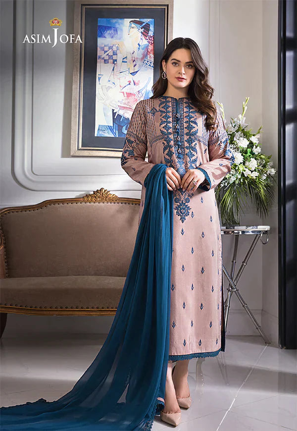 ASIM JOFA 3PC DHANAK EMBROIDERED WITH BAMBER CHIFFON DUPATTA-TANA-1564