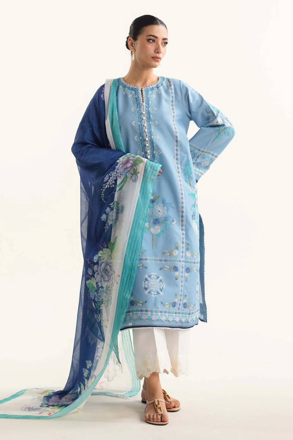 ZAHRA SHAHJAHAN- 3PC LAWN EMBROIDERED SHIRT WITH DIAMOND PRINT DUPATTA -TANA-5283