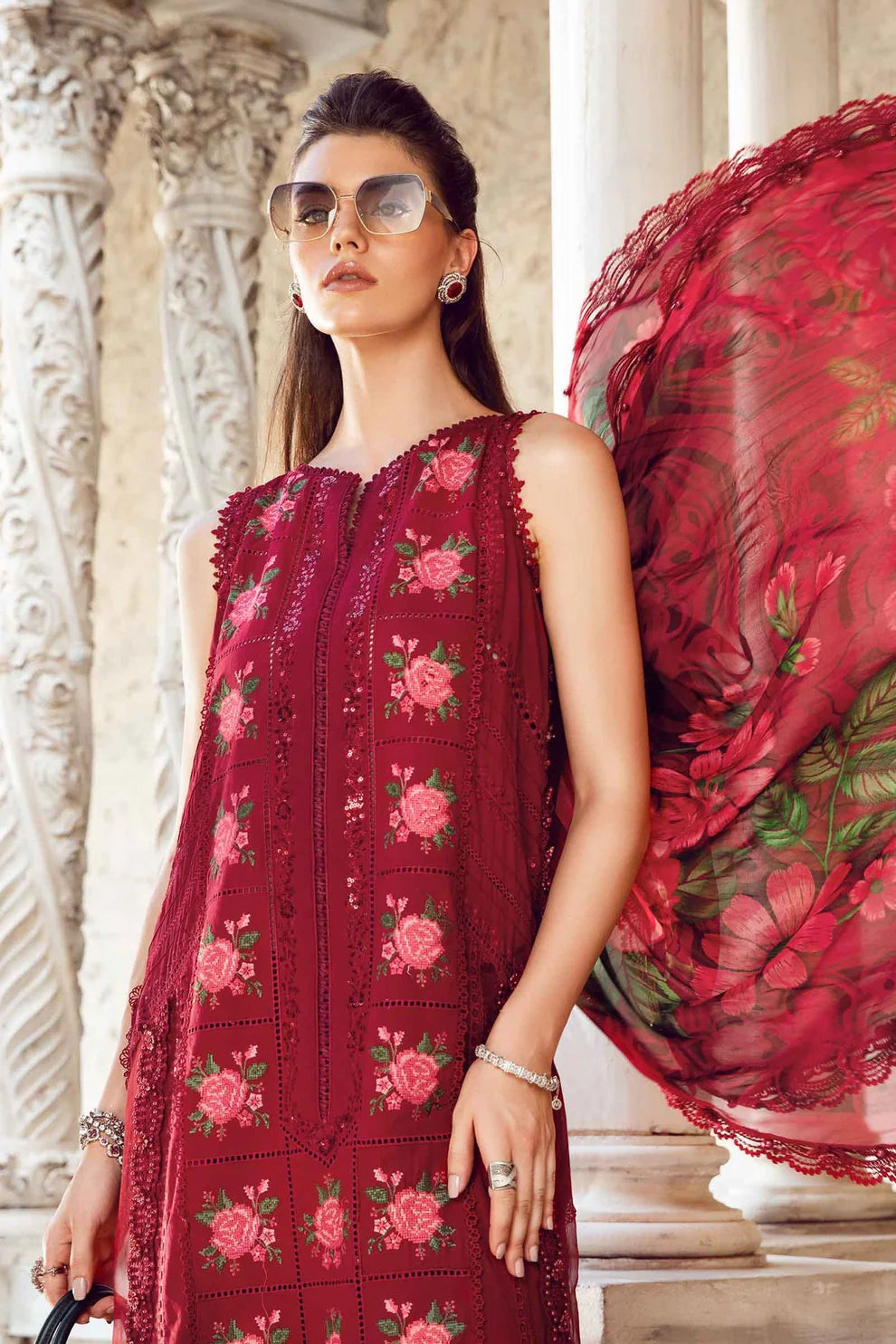 MARIA B- LAWN 3PC EMBROIDERED SHIRT WITH DIAMOND PRINT DUPATTA WITH TROUSER-TANA-5234