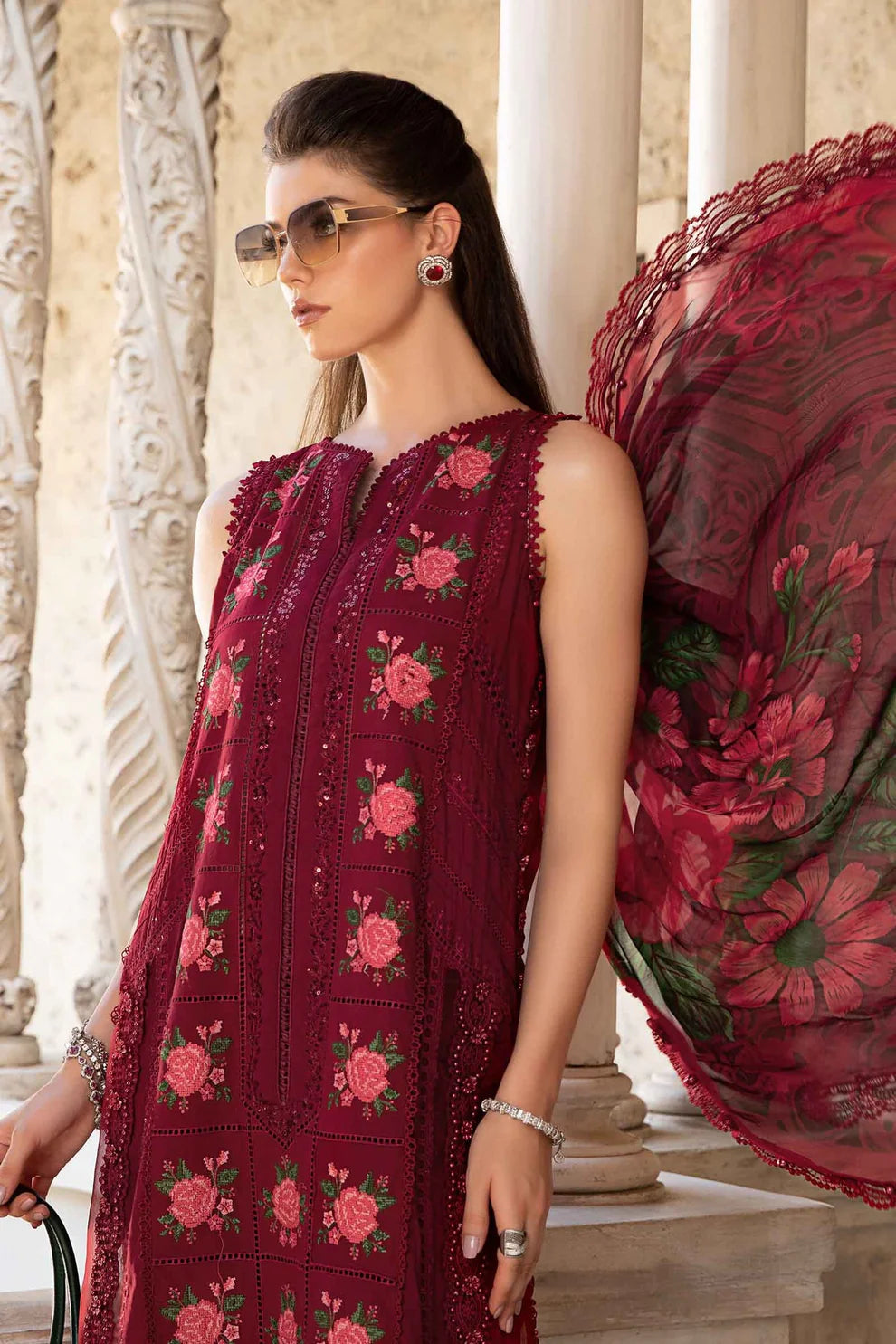 MARIA B- LAWN 3PC EMBROIDERED SHIRT WITH DIAMOND PRINT DUPATTA WITH TROUSER-TANA-5234