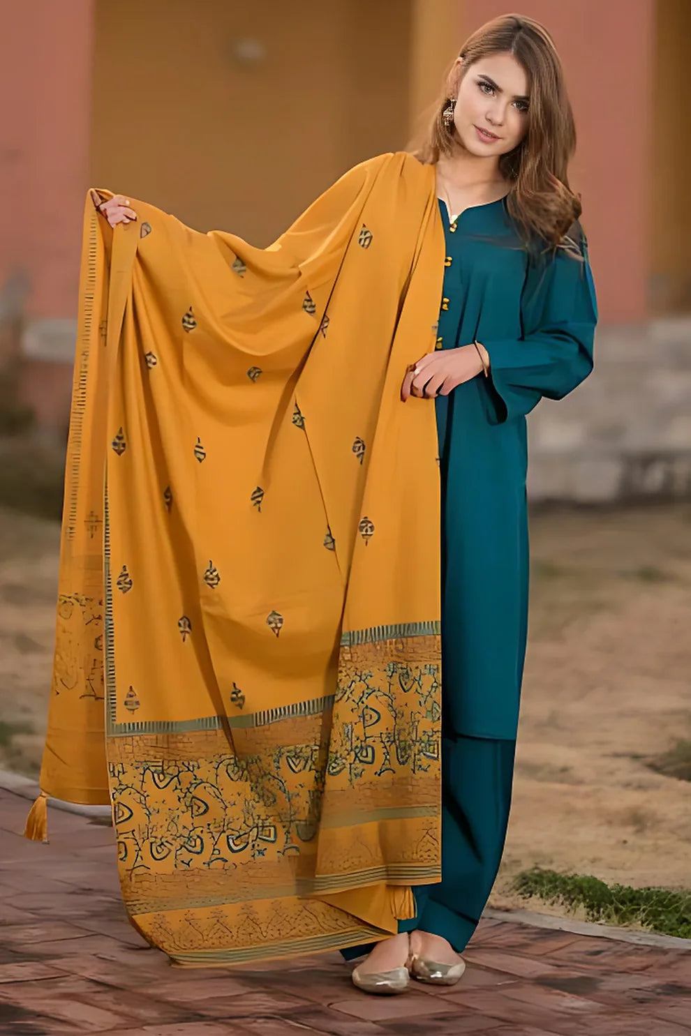 KAYSERIA- 3PC DHANAK EMBROIDERED WITH COUTURE WOOL PRINTED SHAWL-TANA-2204