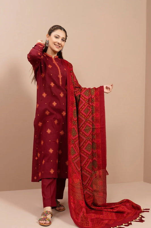 KAYSERIA- 3PC DHANAK EMBROIDERED WITH COUTURE WOOL PRINT SHAWL-TANA-1524