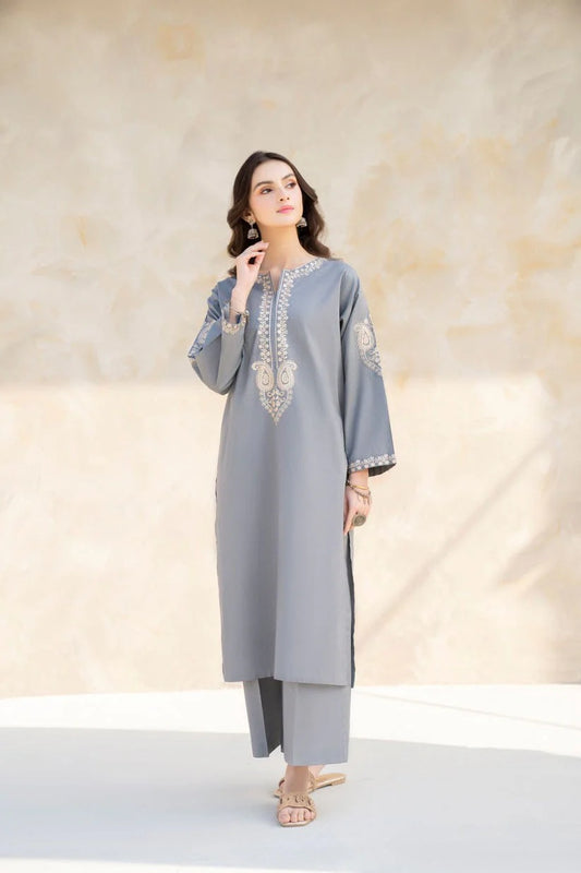 HANA- 2PC DHANAK EMBROIDERED SHIRT AND TROUSER-TANA- 1635