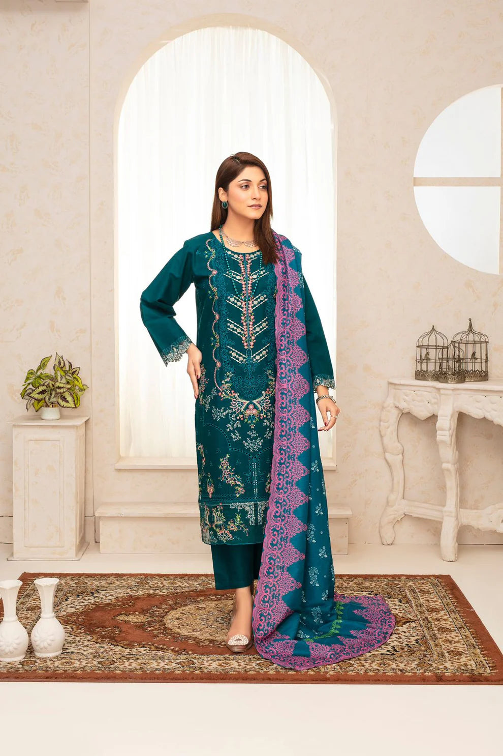 TANA BANA -WINTER COTTON 3PC EMBROIDERED SHIRT WITH DORIA PRINTED SHAWL-TANA-1691