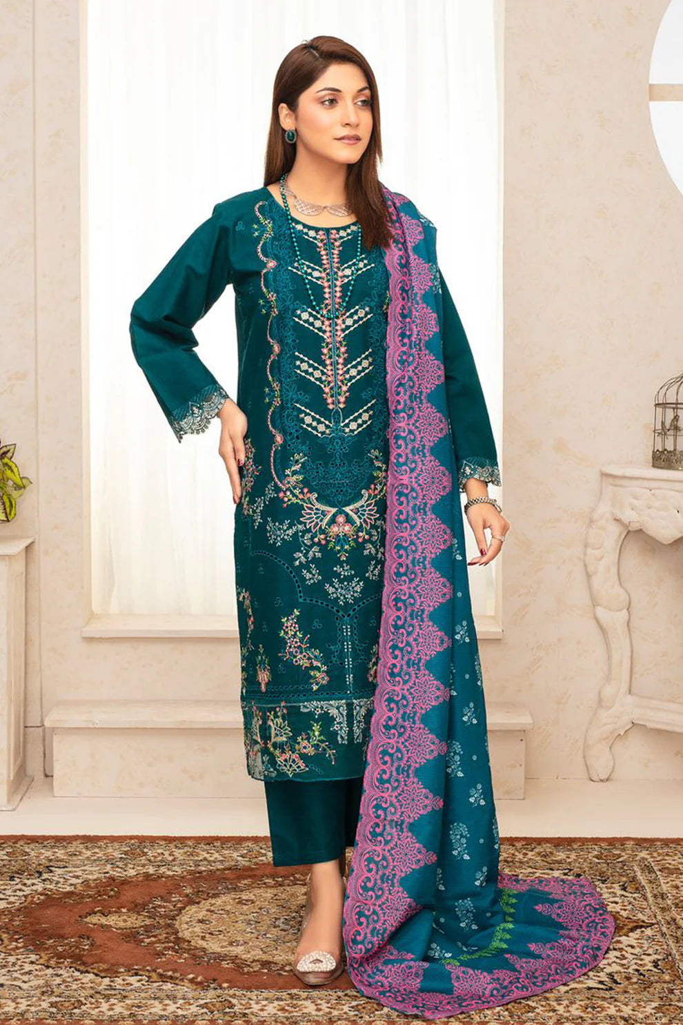 TANA BANA -WINTER COTTON 3PC EMBROIDERED SHIRT WITH DORIA PRINTED SHAWL-TANA-1691