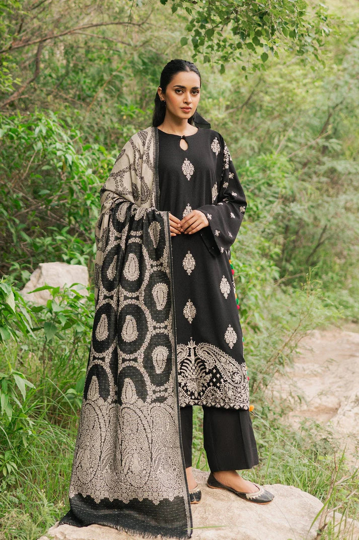 TANA BANA- 3PC Dhanak Embroidered Shirt With Dhanak Twil Print Wool Shawl & Trouser-TBF-1771