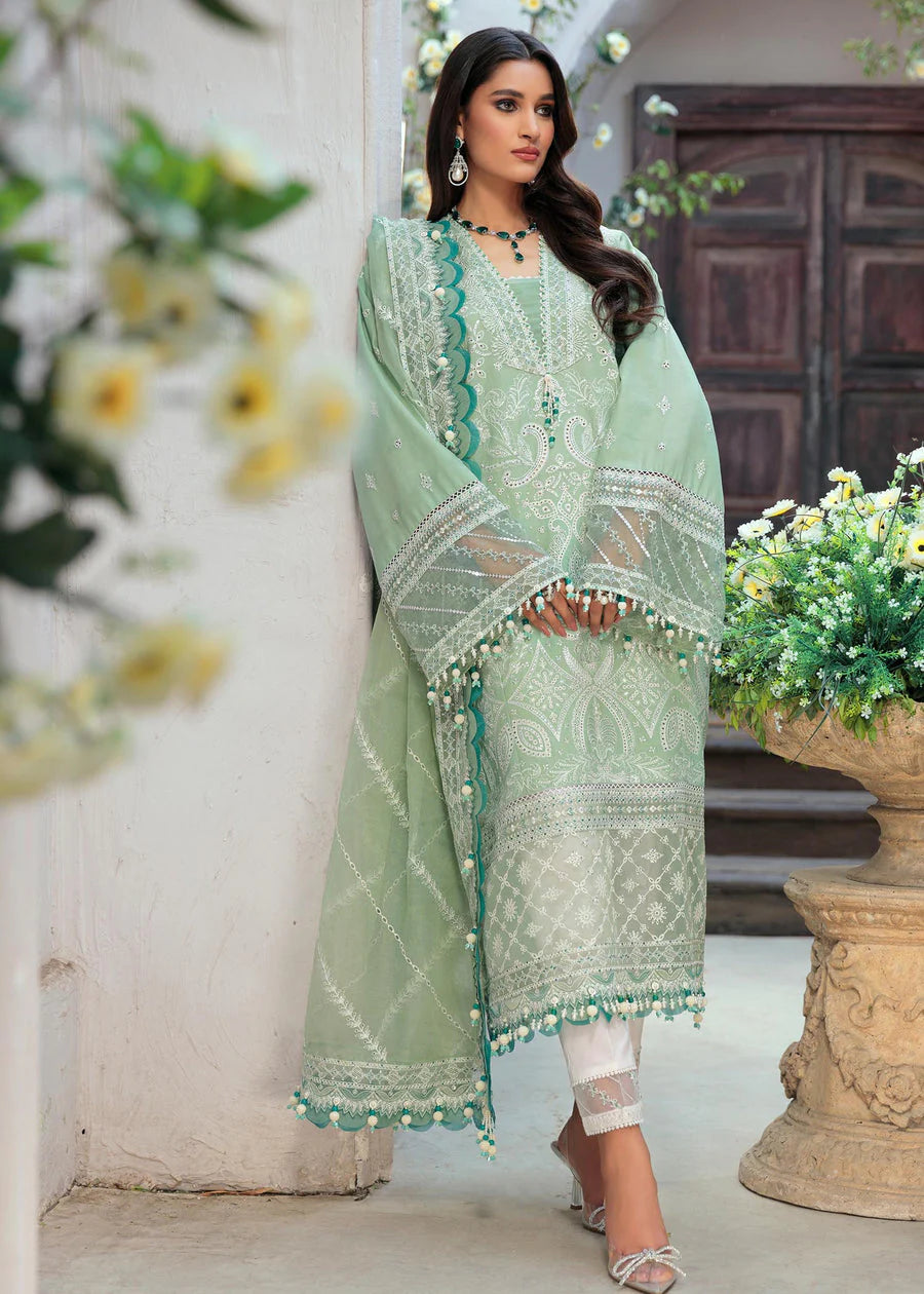 SAHEEFA- LAWN 3PC EMBROIDERED SHIRT WITH ORGANZA EMBROIDERED DUPATTA WITH TROUSER-TANA-5326