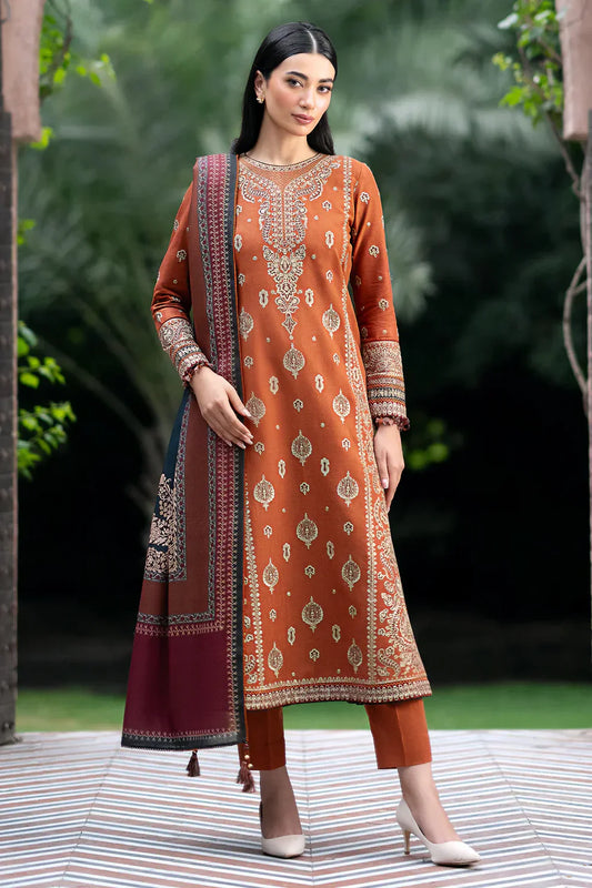 JAZMIN - 3PC DHANAK EMBROIDERED SHIRT WITH COUTURE PRINTED SHAWL AND TROUSER-TANA-1723