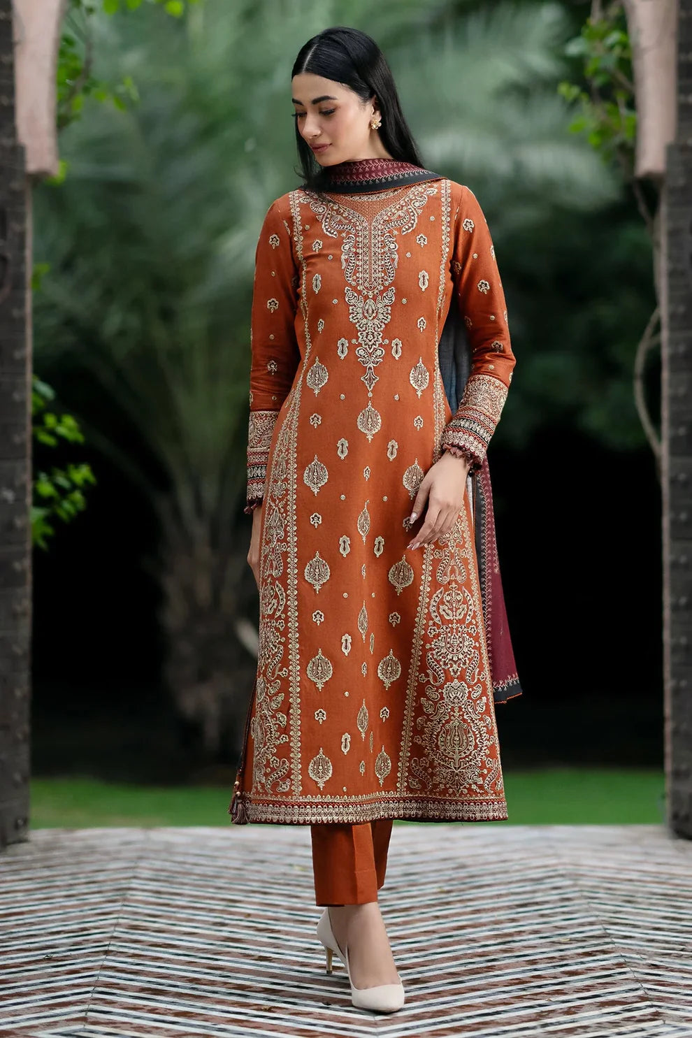 JAZMIN - 3PC DHANAK EMBROIDERED SHIRT WITH COUTURE PRINTED SHAWL AND TROUSER-TANA-1723