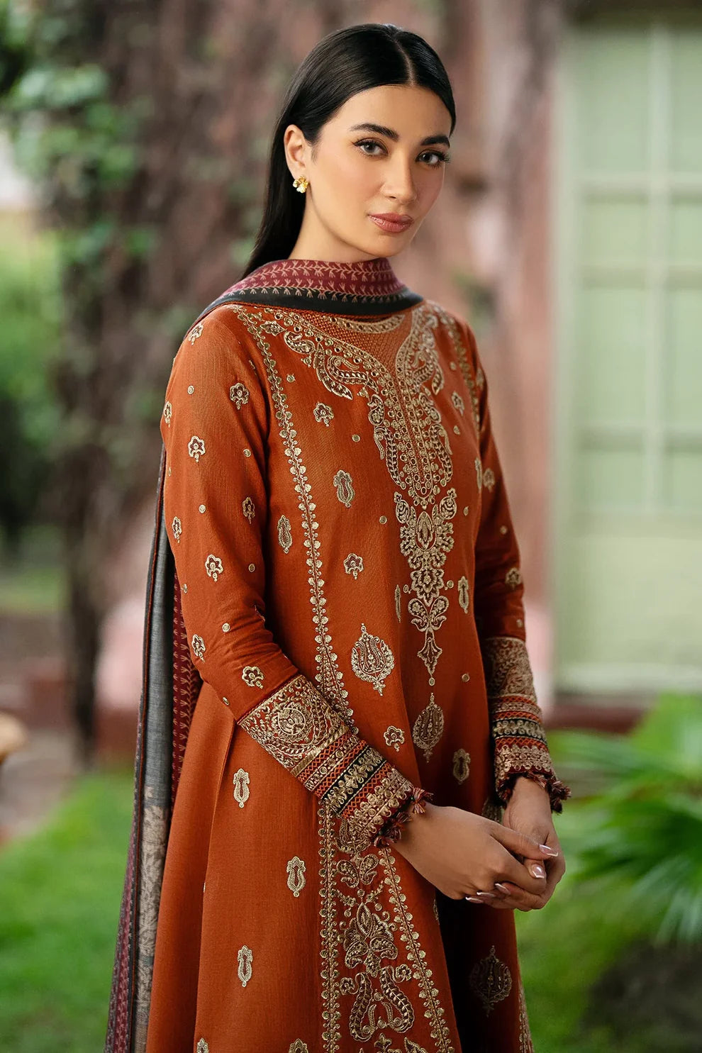 JAZMIN - 3PC DHANAK EMBROIDERED SHIRT WITH COUTURE PRINTED SHAWL AND TROUSER-TANA-1723