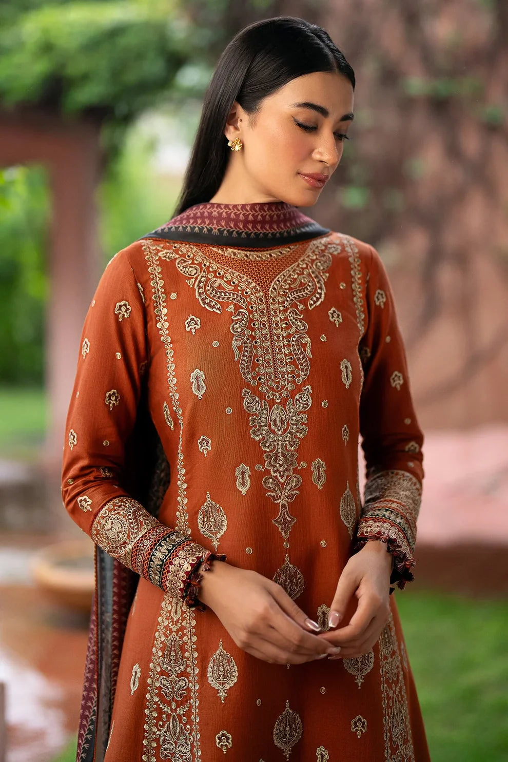 JAZMIN - 3PC DHANAK EMBROIDERED SHIRT WITH COUTURE PRINTED SHAWL AND TROUSER-TANA-1723