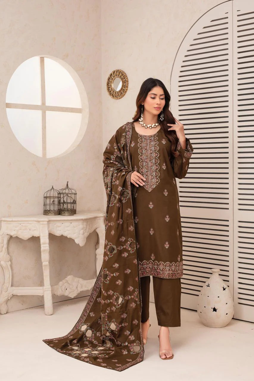 TANABANA-3PC DHANAK EMBROIDERED SHIRT WITH HEAVY CUTWORK EMBROIDERED DHANAK SHAWL AND TROUSER-TANA-1736