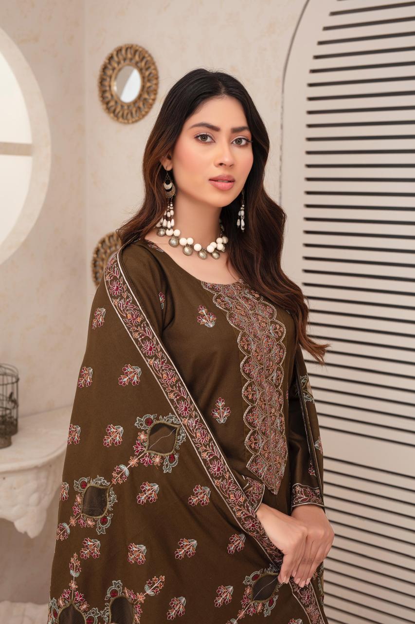 TANABANA-3PC DHANAK EMBROIDERED SHIRT WITH HEAVY CUTWORK EMBROIDERED DHANAK SHAWL AND TROUSER-TANA-1736