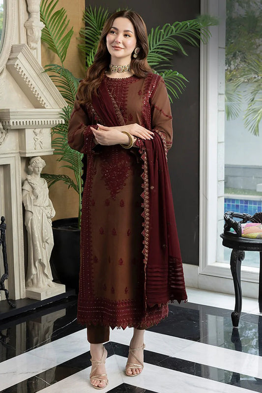 ASIM JOFA- 3PC DHANAK EMBROIDERED SHIRT WITH DHANAK EMBROIDERED SHAWL AND TROUSER-TANA-1616