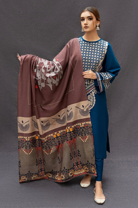 URGE - 3PC DHANAK EMBROIDERED SHIRT WITH COUTURE WOOL PRINTED SHAWL AND TROUSER-TANA-1511