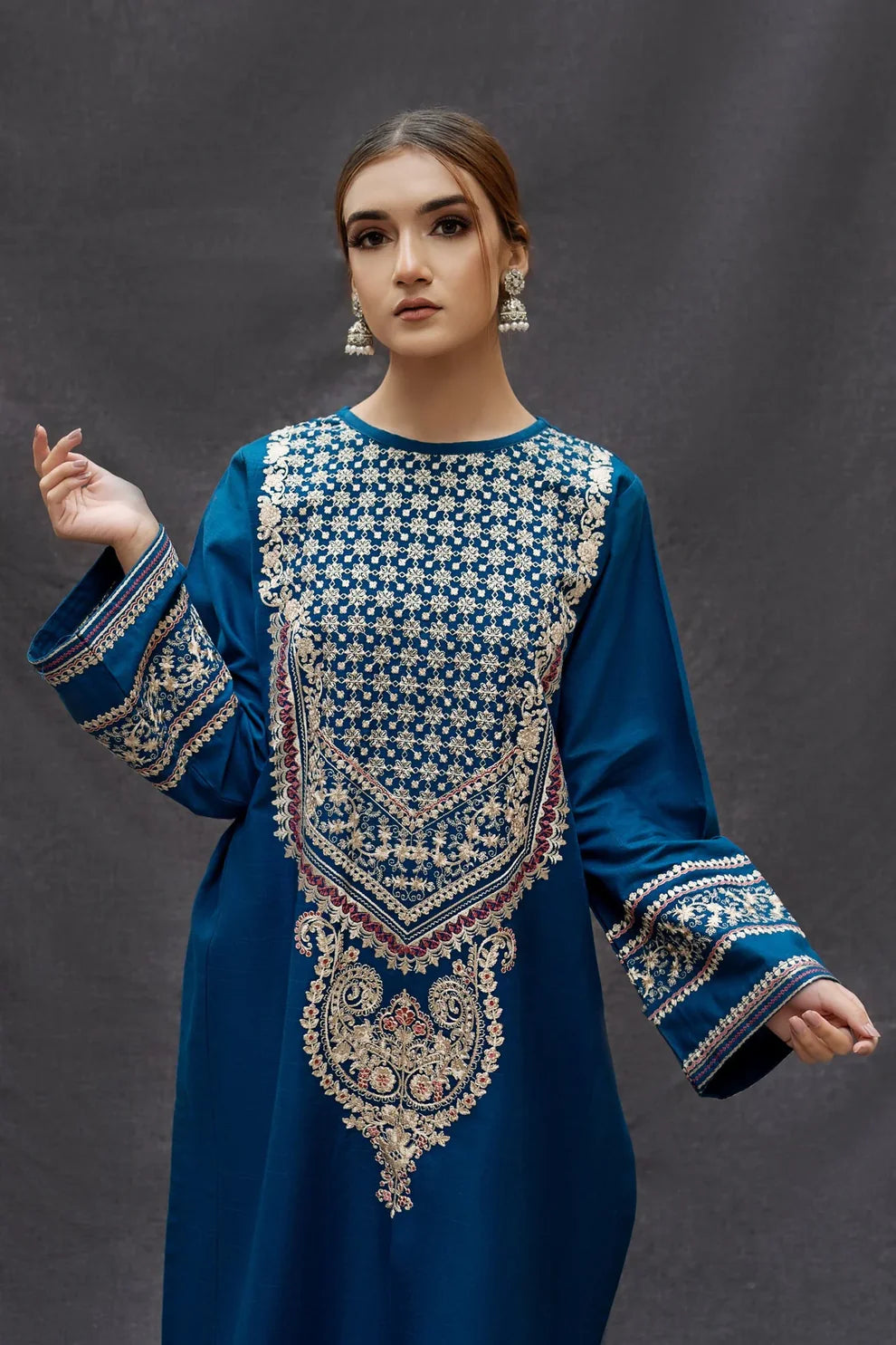 URGE - 3PC DHANAK EMBROIDERED SHIRT WITH COUTURE WOOL PRINTED SHAWL AND TROUSER-TANA-1511