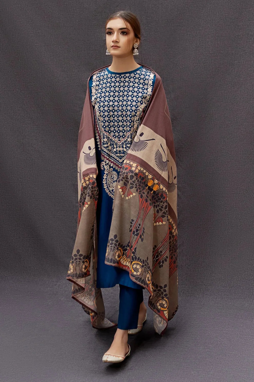 URGE - 3PC DHANAK EMBROIDERED SHIRT WITH COUTURE WOOL PRINTED SHAWL AND TROUSER-TANA-1511