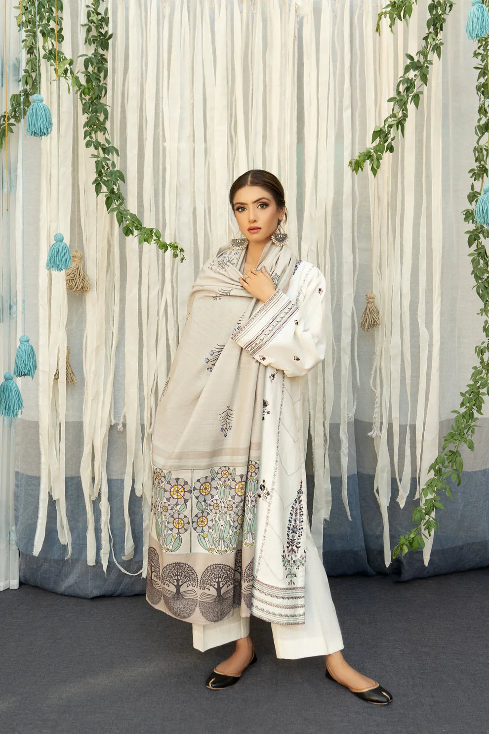 URGE - 3PC DHANAK EMBROIDERED SHIRT WITH COUTURE WOOL SHAWL AND TROUSER-TANA-1512