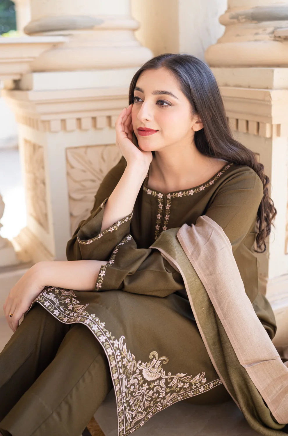 AISLING - 3PC DHANAK EMBROIDERED SHIRT WITH COUTURE SHAWAL AND TROUSER-2203