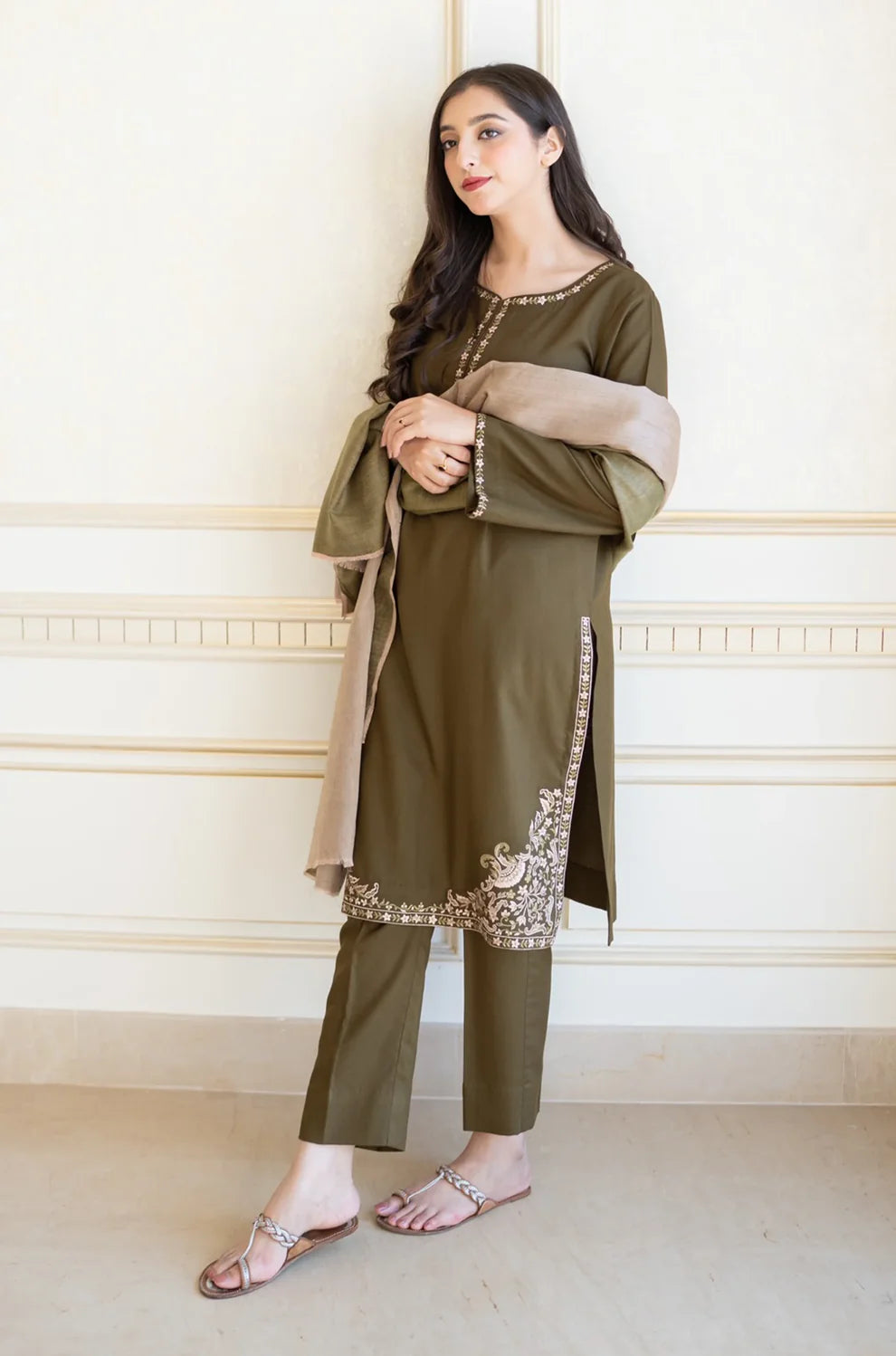 AISLING - 3PC DHANAK EMBROIDERED SHIRT WITH COUTURE SHAWAL AND TROUSER-2203