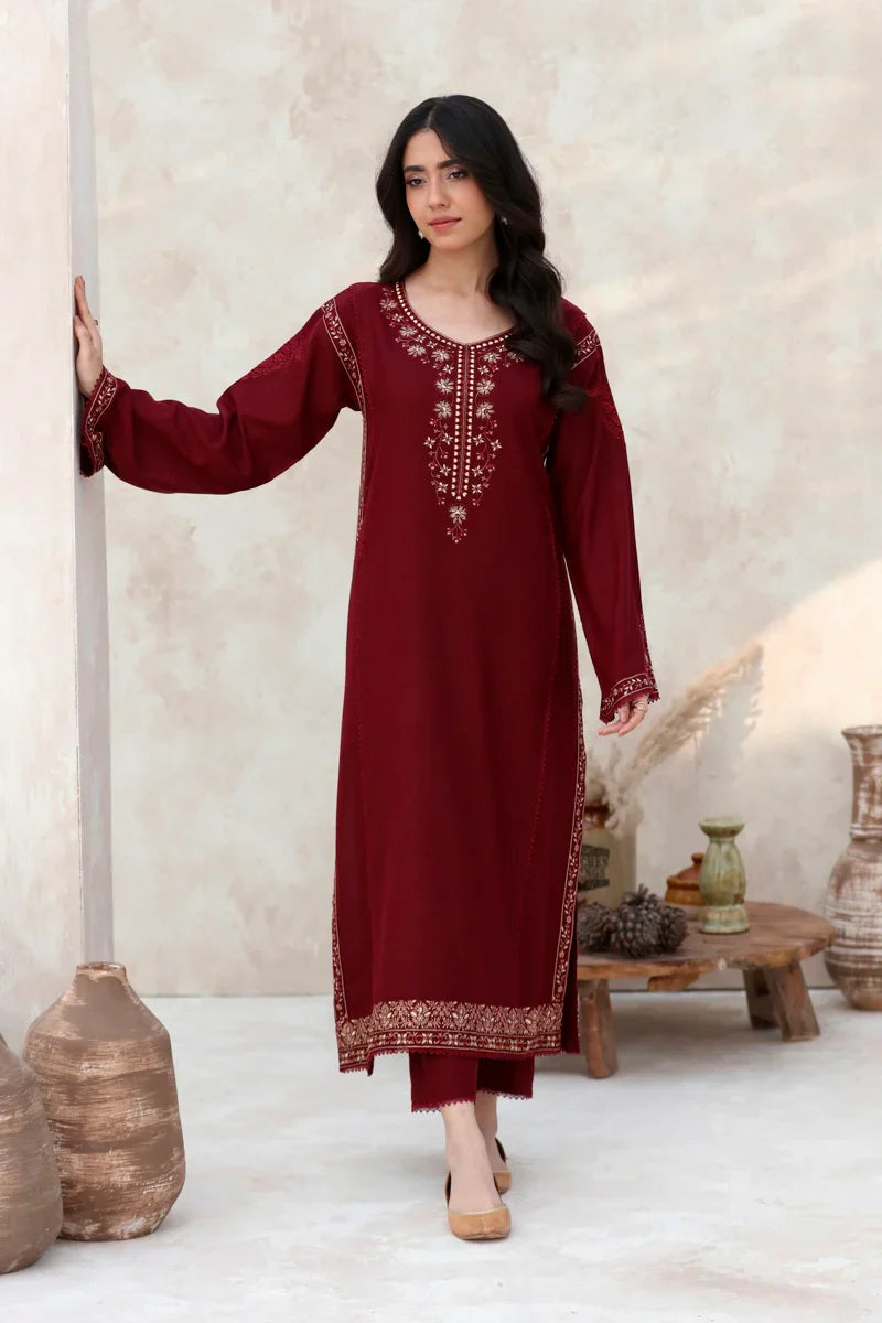 FEROZAE-2PC DHANAK EMBROIDERED SHIRT WITH DHANAK EMBROIDERED SLEEVES- TBF- A-2