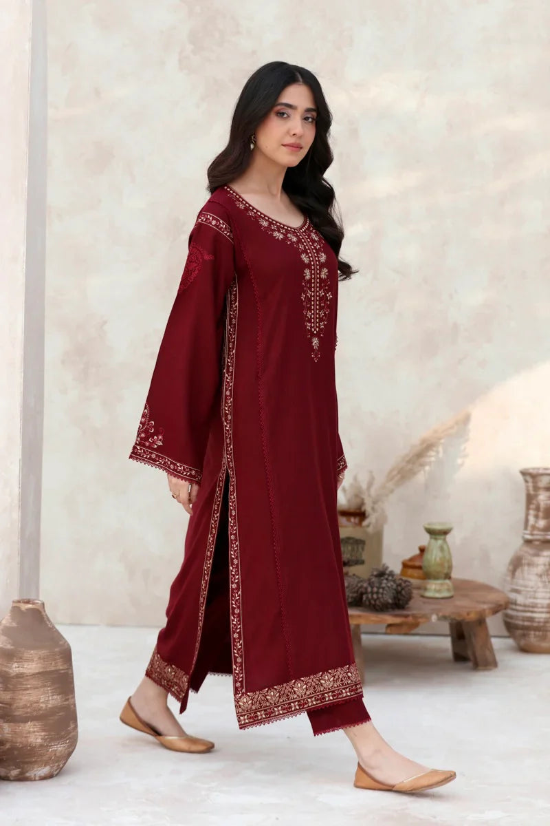 FEROZAE-2PC DHANAK EMBROIDERED SHIRT WITH DHANAK EMBROIDERED SLEEVES- TBF- A-2